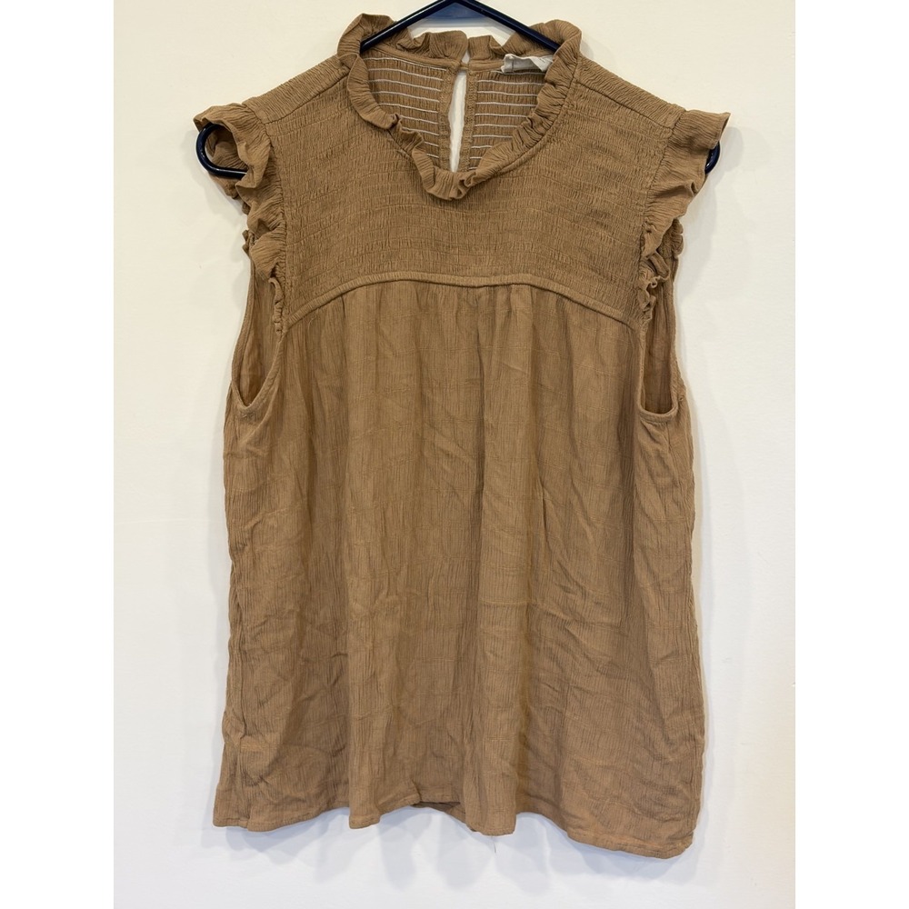 Boho Tunic Top Brown Gauze Ruffle Sleeveless Earthy Minimalist Boho Layering L